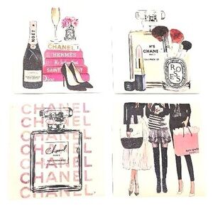 Fashion Designer Luxury Books Chanel Perfume Print Ceramic Coasters Decor